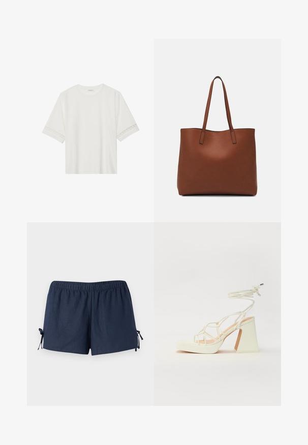 Balta trumpomis rankovėmis marškinėliai, pagaminti iš medvilnės, su dekoratyviais nėriniais aplink rankoves ir apvaliu kaklu.; Tamsiai mėlyni šortai su elastinga juosta ir reguliuojamomis juostomis šonuose. Audinys atrodo lygus su nedideliu spindesiu. Atsipalaidavęs siluetas, virš kelių.; Balti aukštakulniai sandalai su masyviu kulnu, su dirželių dizainu ir kulkšnies raiščiu. Lygi tekstūra su platforma priekyje, suteikianti papildomą aukštį.; Ruda odinė priekabų krepšys su glotnia tekstūra, atviru viršumi ir dviem petnešomis. Su minimalia siuvimo detalėmis ir nematoma aparatūra.