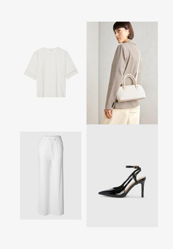 Bela kratka majica s kratkimi rokavi iz bombaža, okrašena z dekorativnim čipkastim robom ob rokavih in okroglo izrezom.; Bele široke hlače iz lahkega materiala, ki imajo elastičen pas z vrvico in gladko teksturo.; Črne lakaste usnjene čevlje na visoki peti z odprtim petnim delom, usnjeni trak za prilagoditev okrog gležnja in z ozkimi stranskimi odprtinami. Gladka tekstura.; Bela strukturirana torba z kratkimi ročaji in naramnim trakom, z zlatimi okrasnimi elementi in teksturiranim materialom, prikazana na sivi podlagi.