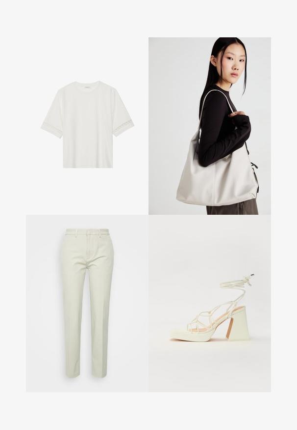 Balta trumpomis rankovėmis marškinėliai, pagaminti iš medvilnės, su dekoratyviais nėriniais aplink rankoves ir apvaliu kaklu.; Šviesiai smėlio spalvos tiesios kojos kelnės, pagamintos iš medvilnės, su lygiu priekiu, diržo kilpomis ir be matomų kišenių ar raštų.; Balti aukštakulniai sandalai su masyviu kulnu, su dirželių dizainu ir kulkšnies raiščiu. Lygi tekstūra su platforma priekyje, suteikianti papildomą aukštį.; Bežinė rankinė, pagaminta iš minkštos medžiagos, turinti laisvą dizainą, siuvinėtas detalės ir dvi petnešos. Tinkama kasdieniam naudojimui.