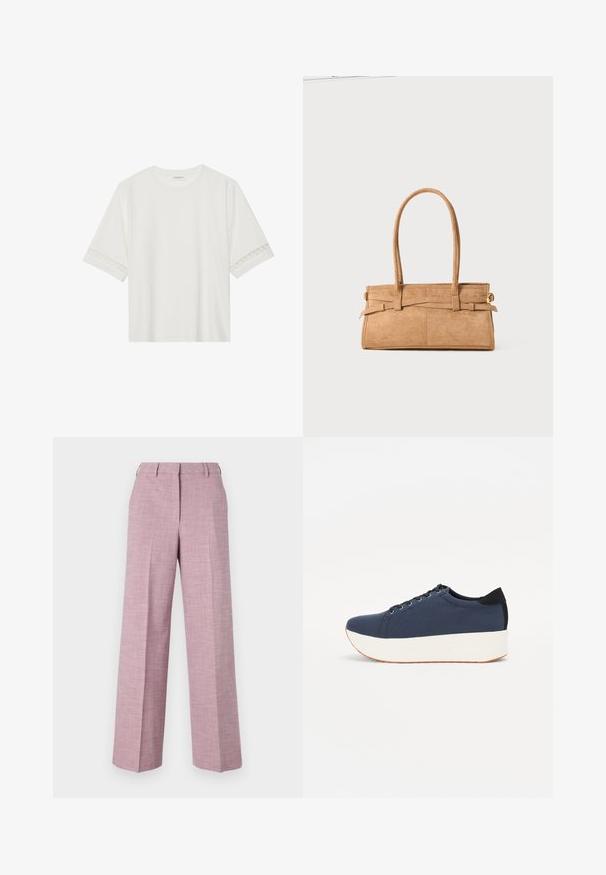 T-shirt blanc à manches courtes en coton, avec des bordures en dentelle décoratives le long des manches et un col rond.; Pantalons larges en tissu léger rose texturé avec un devant plat, des plis subtils et un design de taille classique.; Baskets bleu marine avec un upper en tissu texturé, semelle plateforme blanche, bout arrondi et accent noir au talon. Dispose de six œillets pour les lacets.; Sac en daim beige avec deux longues poignées, de forme rectangulaire et avec des coutures décoratives. Dispose d'une bandoulière et de subtils accents en métal doré.