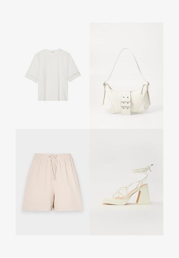 Balta trumpomis rankovėmis marškinėliai, pagaminti iš medvilnės, su dekoratyviais nėriniais aplink rankoves ir apvaliu kaklu.; Smėliniai šortai su elastine juosta ir raišteliu. Pagaminti iš lengvos medžiagos, turinčios tekstūruotą paviršių ir laisvą prigludimą.; Balti aukštakulniai sandalai su masyviu kulnu, su dirželių dizainu ir kulkšnies raiščiu. Lygi tekstūra su platforma priekyje, suteikianti papildomą aukštį.; Balta peties rankinė su tekstūruotu paviršiumi, centrinė apykaklė ir išlinkusi forma. Užtrauktukų uždarymai abiejose pusėse.