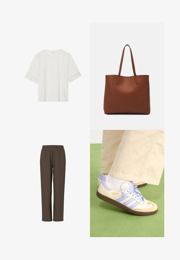 Balta īsām piedurknēm T-kreklu, izgatavotu no kokvilnas, ar dekoratīvu mežģīņu apdari ap piedurknēm un apaļu kakla izgriezumu.; Brūnas, elastīgas vidukļa bikses, izgatavotas no mīksta auduma, ar taisnu kāju dizainu un bez redzamām kabatām vai detaļām.; Kremīgas un lavandas krāsas sporta kurpes ar trim svītrām un teksturētu brūnu zoli, ar auklām un mīkstu papēdi. Mīksta auduma augšdaļa.; Brūna ādas iepirkumu soma ar gludu tekstūru, atvērta augšdaļa un divas plecu siksnas. Izceļas ar minimālām šuvēm un redzamu aparatūru nav.