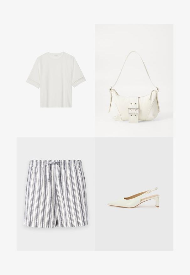 T-shirt blanc à manches courtes en coton, avec des bordures en dentelle décoratives le long des manches et un col rond.; Shorts rayés blancs et navy, avec une taille à cordon, une coupe décontractée et un tissu doux et léger. Texture lisse et design décontracté.; Escarpin en cuir verni blanc, à bout pointu et à petit talon bloc. Comprend une fine sangle avec un détail de boucle dorée.; Sac à épaule blanc avec une finition texturée, une accentuation par une boucle centrale et une forme courbée. Fermetures éclair des deux côtés.