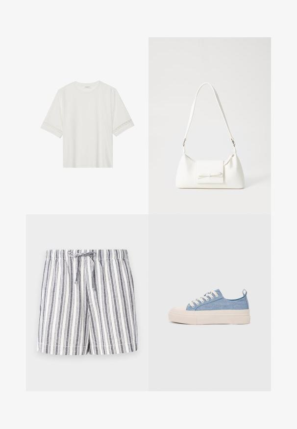 T-shirt blanc à manches courtes en coton, avec des bordures en dentelle décoratives le long des manches et un col rond.; Shorts rayés blancs et navy, avec une taille à cordon, une coupe décontractée et un tissu doux et léger. Texture lisse et design décontracté.; Baskets en toile bleu clair avec une coque en caoutchouc crème et une semelle extérieure, dotées de lacets blancs et d'une languette au talon.; Sac à main synthétique blanc en forme triangulaire, avec un rabat avant plat et un détail en nœud, une bandoulière ajustable, une texture lisse et un design minimaliste.
