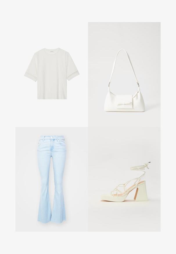 Bjela majica kratkih rukava od pamuka, s dekorativnom čipkastom obrubom duž rukava i okruglim izrezom.; Svijetloplave traperice visokog struka s raširenim nogavicama, sa prednjim džepovima i kopčanjem na dugme.; Bijela sandala na visokoj potpetici s debelim petom, s remenom i vezanjem oko gležnja. Glatka tekstura s platformom sprijeda za dodatnu visinu.; Bijela sintetička torbica s trokutastim oblikom, ravnim prednjim poklopcem i detaljem u obliku mašne, podesivom remenom, glatkom teksturom i minimalističkim dizajnom.