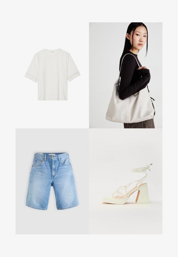 Balta īsām piedurknēm T-kreklu, izgatavotu no kokvilnas, ar dekoratīvu mežģīņu apdari ap piedurknēm un apaļu kakla izgriezumu.; Gai zilo denimu šorti ar brīvu piegriezumu, aprīkoti ar pogu aizdari, jostas cilpām un piecām kabatām. Gluda tekstūra ar izbalējušām zonām.; Baltas augstpapēžu sandales ar masīvu papēdi, ar siksnu dizainu un potītes saistītiem elementiem. Gluda tekstūra ar platformu priekšpusē, lai nodrošinātu papildu augstumu.; Bežs rokassoma, izgatavota no mīksta materiāla, ar brīvu dizainu, izšūtu apdari un divām plecu siksnām. Piemērota ikdienas lietošanai.