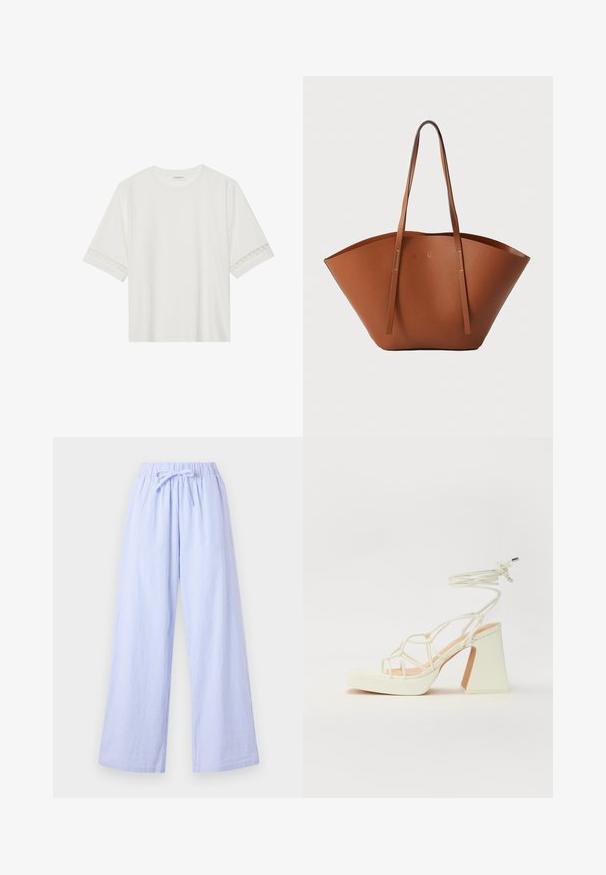 Witte korte mouwen t-shirt van katoen, met een decoratieve kantafwerking langs de mouwen en een ronde halslijn.; Lichtblauwe gestreepte wijde broek met een elastische tailleband en verstelbare strik. Kenmerkt zich door een zachte stof met verticale strepen voor textuur.; Witte hoge hakken sandaal met een chunky hak, met een bandjesontwerp en enkelband. Gladde textuur met een plateau voor extra hoogte.; Bruine lederen totebag met een brede, gestructureerde vorm, dunne handvatten en een gestructureerde afwerking. Kenmerkt zich door een minimalistisch ontwerp zonder zichtbare hardware.
