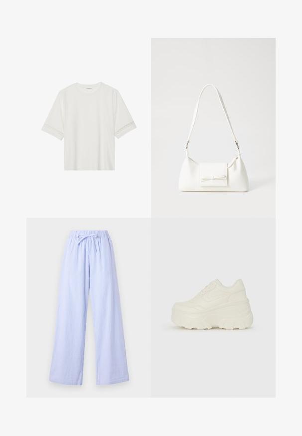 White short-sleeve t-shirt made from cotton, featuring decorative lace trim along the sleeves and a round neckline.; Light blue striped wide-leg pants with an elastic waistband and adjustable tie. Features a soft fabric with vertical stripes for texture.; White platform sneakers featuring a smooth leather-like upper, rounded shape, padded collar, and textured rubber sole with defined treads.; White synthetic handbag with a triangular shape, flat front flap and bow detail, adjustable strap, smooth texture, and minimalistic design.