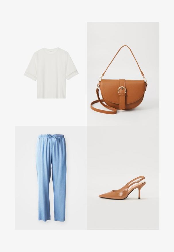 White short-sleeve t-shirt made from cotton, featuring decorative lace trim along the sleeves and a round neckline.; Light blue, relaxed-fit pants made of soft fabric with an elastic waistband and adjustable drawstring, featuring straight legs and no pockets.; Pointed toe slingback heel in a smooth, glossy tan material. Features a curved cutout design and a slender stiletto heel. Silver buckle detail.; Brown leather crossbody bag with a curved shape, gold hardware, and a buckle accent. Features a detachable shoulder strap.