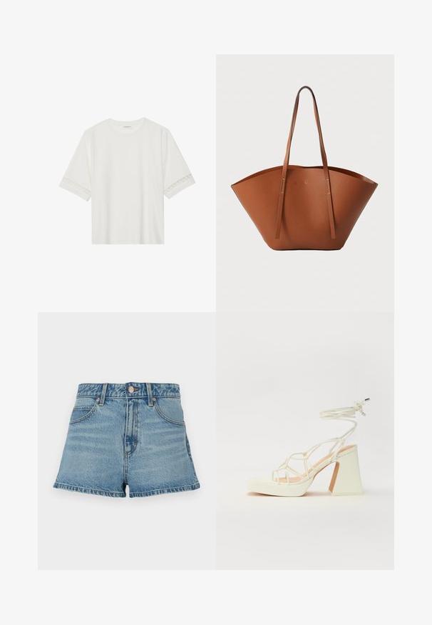 Biele tričko s krátkym rukávom vyrobené z bavlny, s dekoratívnym čipkovým lemovaním pozdĺž rukávov a okrúhlym výstrihom.; Svetlomodré džínsy s vysokým pásom, rozstrapkaným okrajom, kontrastným šitím a prednými vreckami. Obsahuje kovový gombík a značkový štítok.; Biele sandále na vysokom opätku s hrubým podpätkom, s pruhovaným dizajnom a viazaním na členku. Hladký povrch s platformou vpredu pre zvýšenú výšku.; Hnedá kožená taška na rameno s širokým, štruktúrovaným tvarom, tenkými popruhmi a textúrovaným povrchom. Displej minimalistického dizajnu bez viditeľného hardvéru.