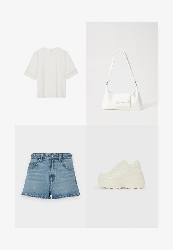 T-shirt branco de manga curta feito de algodão, com bainha de renda decorativa nas mangas e decote redondo.; Bermudas de denim azul claro com cintura alta, bainha desfiada, costura em contraste e bolsos frontais. Inclui um botão de metal e etiqueta da marca.; Tênis brancos de plataforma com um cabedal suave semelhante a couro, formato arredondado, colarinho acolchoado e sola de borracha texturizada com ranhuras bem definidas.; Mala sintética branca com formato triangular, aba frontal plana e detalhe de laço, alça ajustável, textura suave e design minimalista.