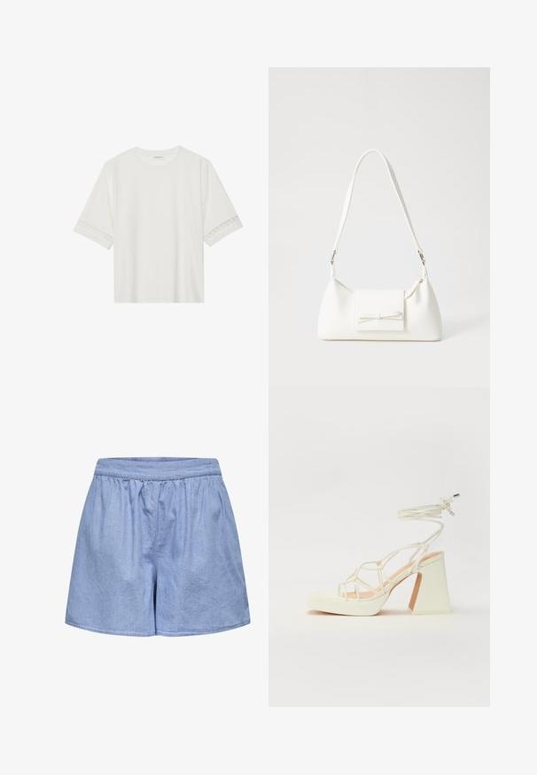Tricou alb cu mânecă scurtă, confecționat din bumbac, cu dantelă decorativă pe marginea mânecilor și un guler rotund.; Șorturi albastre din chambray, cu talie elastică, croială lejeră și textură netedă; margini finisate și detalii plisate la talie.; Sandale albe cu toc înalt și gros, cu un design cu curele și legătură la gleznă. Textură netedă, cu o platformă frontală pentru înălțime suplimentară.; Geantă sintetică albă, cu formă triangulară, capac frontal plat și detaliu cu fundă, curea ajustabilă, textură netedă și design minimalist.