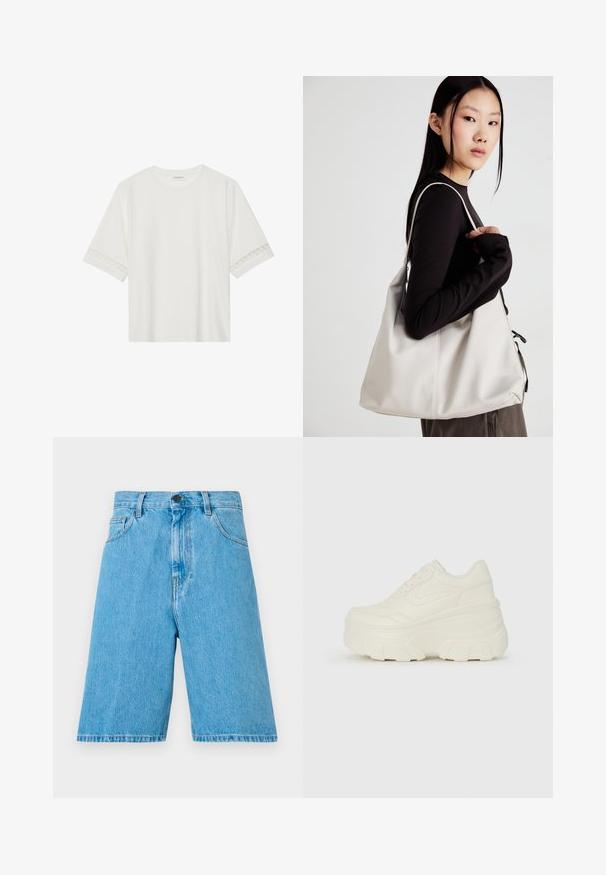 T-shirt branco de manga curta feito de algodão, com bainha de renda decorativa nas mangas e decote redondo.; Calções de denim azul claro com um corte descontraído, apresentando passantes para cinto, fecho por botão e bolsos frontais. O tecido tem uma textura suave.; Tênis brancos de plataforma com um cabedal suave semelhante a couro, formato arredondado, colarinho acolchoado e sola de borracha texturizada com ranhuras bem definidas.; Uma bolsa bege feita de material macio, com um design descontraído, detalhes de costura e duas alças para o ombro. Adequada para uso diário.