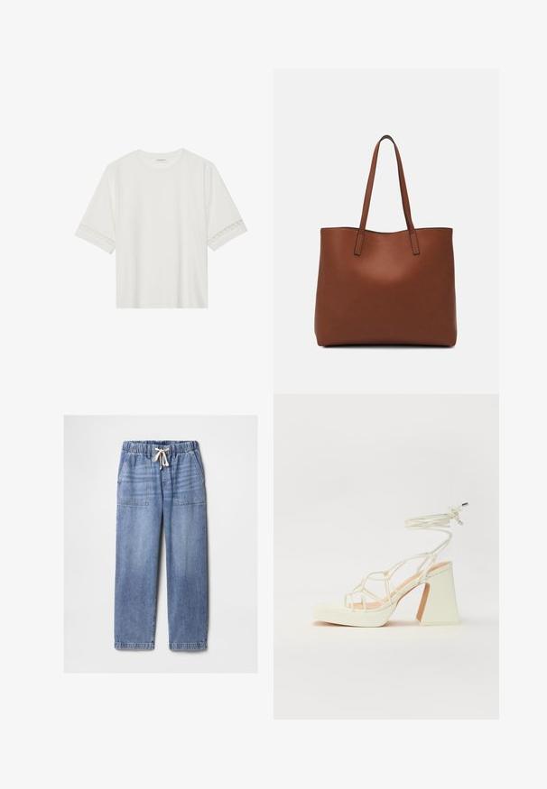 Bela kratka majica s kratkimi rokavi iz bombaža, okrašena z dekorativnim čipkastim robom ob rokavih in okroglo izrezom.; Svijetloplave traperice s elastičnom pasicom i bijelom špagom, sa prednjim zakrpanim džepovima i ravnim nogavicama.; Bela sandala na visokih petah s debelim petam, ki ima obliko trakcev in vezanje okoli gležnja. Gladka tekstura z platformo spredaj za dodatno višino.; Rjava usnjena torba z gladko teksturo, odprto zasnovo zgoraj in dvema naramnima trakovoma. Opremljena je z minimalnim šivanjem in brez vidnih kovinskih delov.