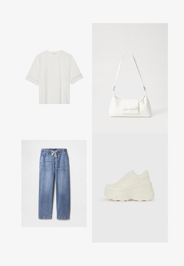 Valge lühikese varrukaga T-särk, mis on valmistatud puuvillast, kaunistatud pitsiga varrukate ääres ja ümmarguse kaelusega.; Heledad sinise värvi teksased, millel on elastne vöökoht ja valge pael, esiküljel on patch-taskud ja sirged sääred.; Valged platvormi tõusukingad, millel on siledast nahast meenutav pealis, ümar kuju, pehmendatud kaelus ja tekstureeritud kummitald koos selgete hüdrofoobsete mustritega.; Valge sünteetilisest materjalist kott kolmnurkse kujuga, lame esiklapiga ja kaaredetailiga, reguleeritava rihmaga, sileda tekstuuriga ja minimalistliku disainiga.