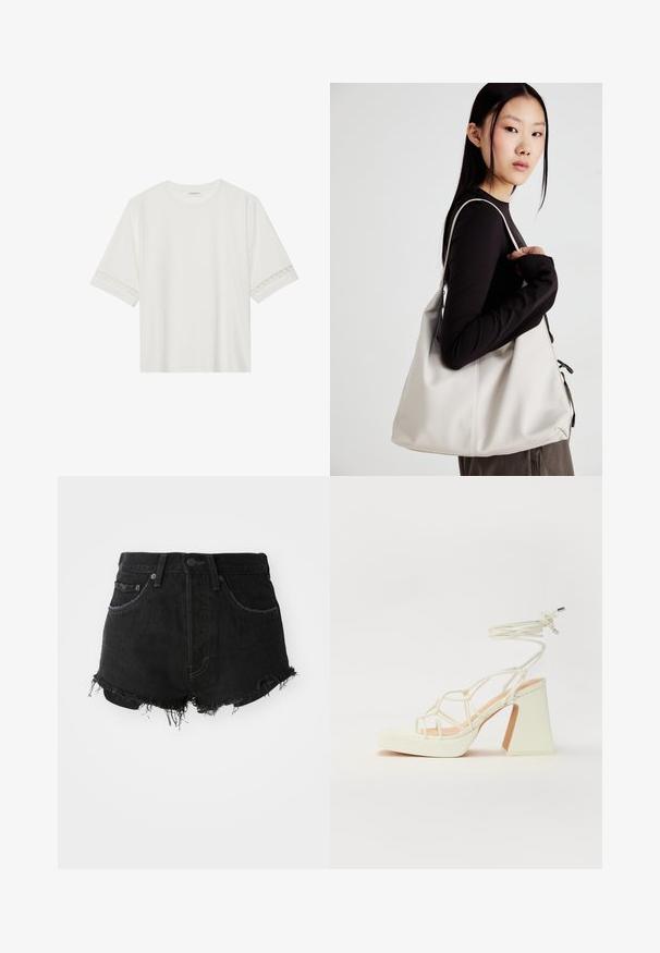 Balta īsām piedurknēm T-kreklu, izgatavotu no kokvilnas, ar dekoratīvu mežģīņu apdari ap piedurknēm un apaļu kakla izgriezumu.; Melna denima šorti ar plīsušu apakšmalu, klasisku piecu kabatu dizainu un metāla pogu aizdari. Iezīmē augstu jostasvietu un nolietotu tekstūru.; Baltas augstpapēžu sandales ar masīvu papēdi, ar siksnu dizainu un potītes saistītiem elementiem. Gluda tekstūra ar platformu priekšpusē, lai nodrošinātu papildu augstumu.; Bežs rokassoma, izgatavota no mīksta materiāla, ar brīvu dizainu, izšūtu apdari un divām plecu siksnām. Piemērota ikdienas lietošanai.