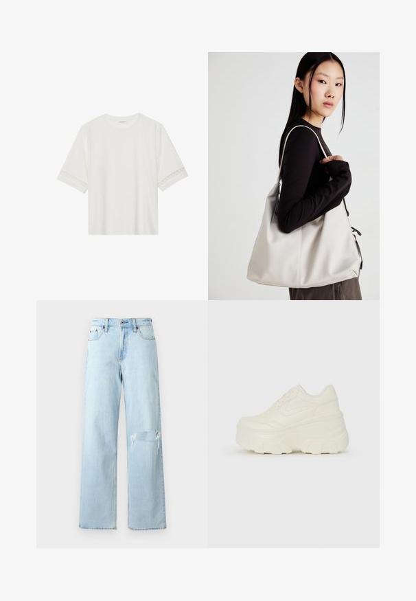 T-shirt bianco a maniche corte in cotone, con bordi in pizzo decorativi lungo le maniche e scollo rotondo.; Jeans in denim blu chiaro con vestibilità ampia, caratterizzati da un ginocchio strappato e un classico design a cinque tasche. Tessuto liscio, stile casual.; Sneakers bianchi con piattaforma, caratterizzati da una parte superiore simile alla pelle liscia, forma arrotondata, collo imbottito e suola in gomma testurizzata con scanalature ben definite.; Borsa a mano beige realizzata in materiale morbido, caratterizzata da un design morbido, dettagli cuciti e due manici. Adatta per l'uso quotidiano.
