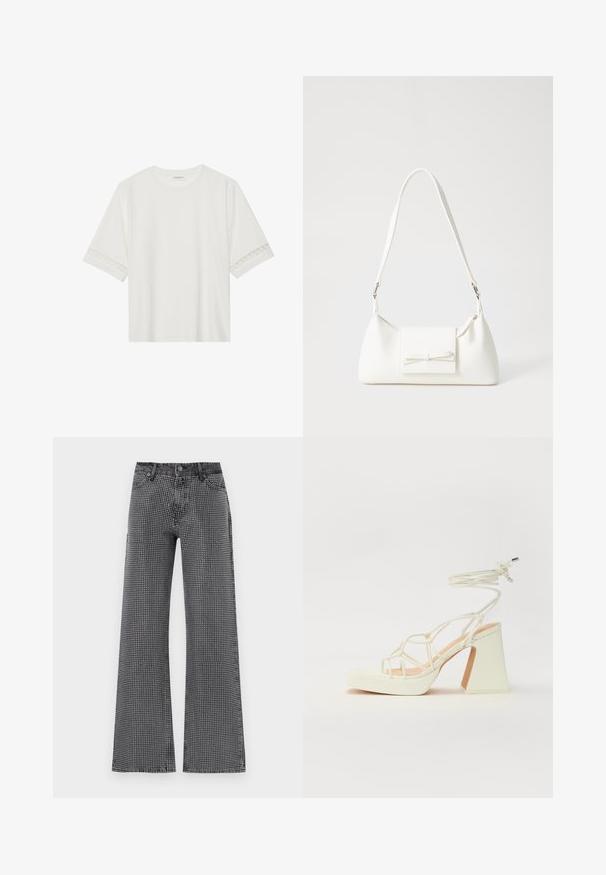Bela kratka majica s kratkimi rokavi iz bombaža, okrašena z dekorativnim čipkastim robom ob rokavih in okroglo izrezom.; Široke hlače iz črnega denima s belim pikčastim vzorcem; vključujejo klasično zasnovo s petimi žepi in zapiranjem na gumb.; Bela sandala na visokih petah s debelim petam, ki ima obliko trakcev in vezanje okoli gležnja. Gladka tekstura z platformo spredaj za dodatno višino.; Bela sintetična torbica v obliki trikotnika, z ravnim sprednjim poklopcem in detajlom mašne, nastavljivim trakom, gladko teksturo in minimalističnim dizajnom.