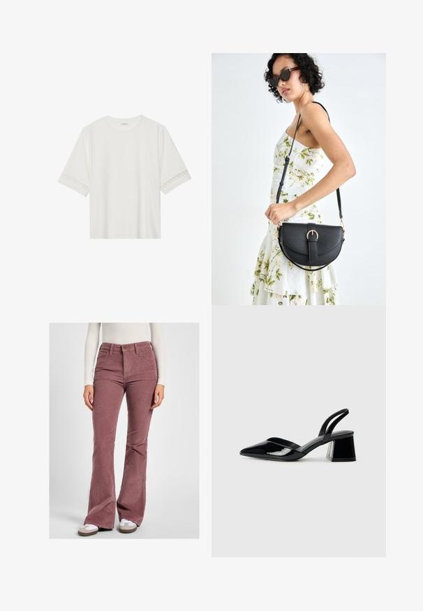 Witte korte mouwen t-shirt van katoen, met een decoratieve kantafwerking langs de mouwen en een ronde halslijn.; Corduroy flared trousers in een vergrijsde rozenkleur, met een hoge taille, getextureerde ribbels en een vijf-pocket ontwerp met messing hardware.; Zwarte gepatineerde leren slingback hakken met een spitse neus en een geometrische blokhak. Kenmerkt zich door een slank, minimalistisch ontwerp en een gladde textuur.; Zwarte leren handtas met een gebogen vorm, afneembare schouderband en gouden hardware. De tas heeft een klep met een gespsluiting.