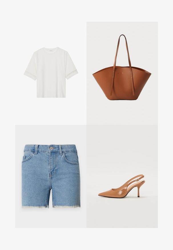 Valkoinen lyhythihainen t-paita, joka on valmistettu puuvillasta ja jossa on koristeellinen pitsireunus hihojen ympärillä sekä pyöreä pääntie.; Vaaleansiniset farkkushortsit, joissa on repaleinen helma, viiden taskun muotoilu ja vyölenkit. Napituskiristys vyötäröllä.; Korkokenkä, jossa on terävä kärki ja avonainen kanna, valmistettu sileästä, kiiltävästä ruskeasta materiaalista. Sisältää kaarevan leikkuun muotoilun ja hoikan stilettokannan. Hopeinen solkiyksityiskohta.; Ruskea nahkabandi, jossa on leveä, jämäkkä muoto, ohuet kahvat ja teksturoitu pinta. Minimalistinen muotoilu, jossa ei ole näkyvää metalliosaa.