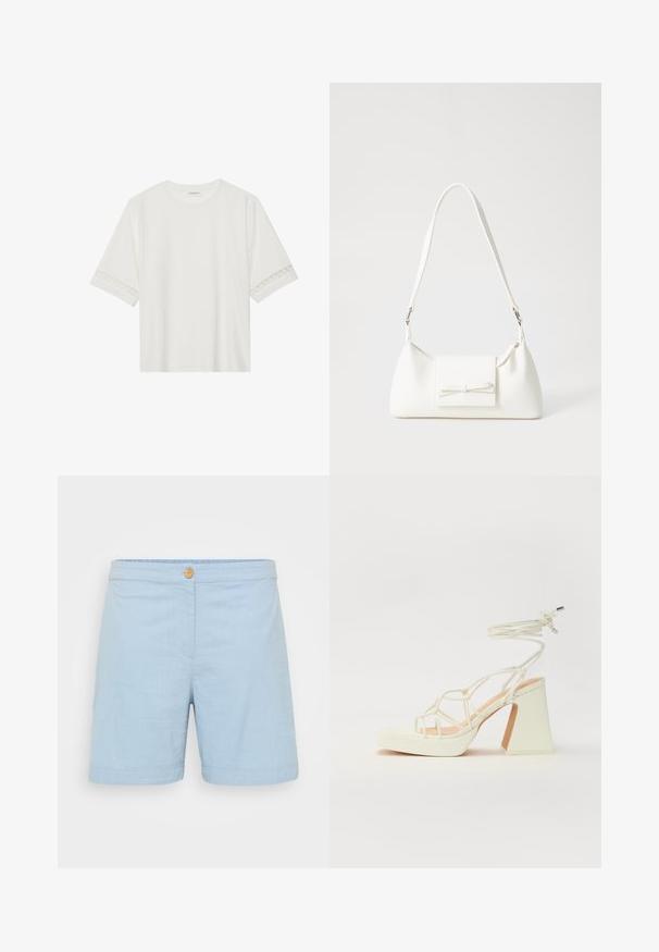 Bela kratka majica s kratkimi rokavi iz bombaža, okrašena z dekorativnim čipkastim robom ob rokavih in okroglo izrezom.; Svetlo modri šorti iz mehkega, strukturiranega blaga. Imajo en leseni gumb na pasu in zavit rob.; Bela sandala na visokih petah s debelim petam, ki ima obliko trakcev in vezanje okoli gležnja. Gladka tekstura z platformo spredaj za dodatno višino.; Bela sintetična torbica v obliki trikotnika, z ravnim sprednjim poklopcem in detajlom mašne, nastavljivim trakom, gladko teksturo in minimalističnim dizajnom.