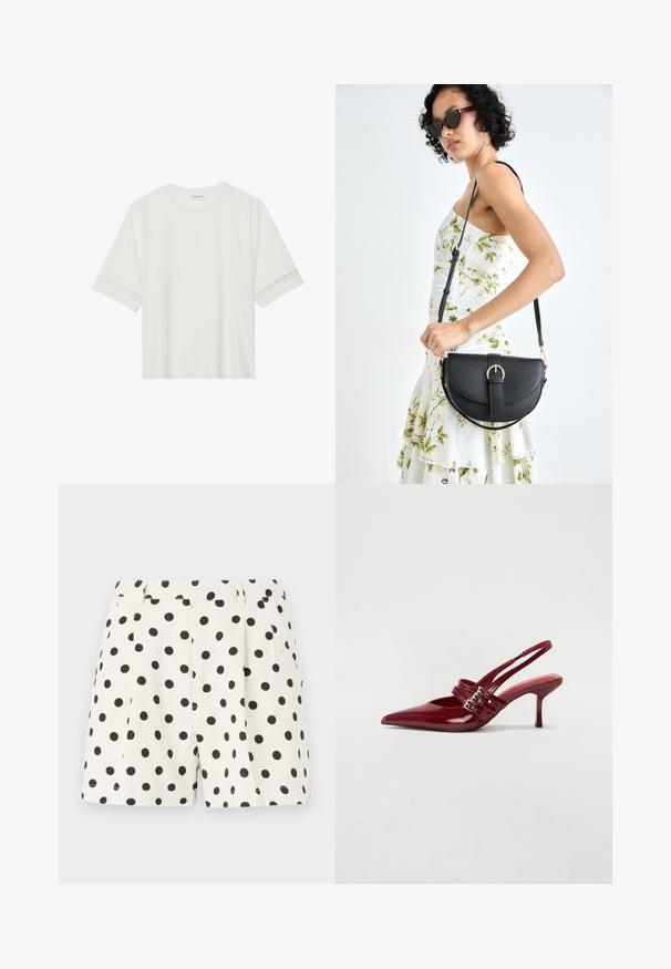 Balta trumpomis rankovėmis marškinėliai, pagaminti iš medvilnės, su dekoratyviais nėriniais aplink rankoves ir apvaliu kaklu.; Balti lininiai šortai su juodais taškeliais. Savybės: raukšlės ir šoniniai kišeniai. Prigludusi juosmens dalis su švariu apdailu.; Raudoni blizgūs odiniai bateliai su atviru kulnu, smailiu nosiu, dviem užsegimais ir plonu, vidutinio aukščio stiletto kulnu. Lygus paviršius.; Juodas odinis krepšys su išlenkta forma, nuimamu dirželiu ir auksiniais detalėmis. Krepšys turi kilpą su sagtimi.