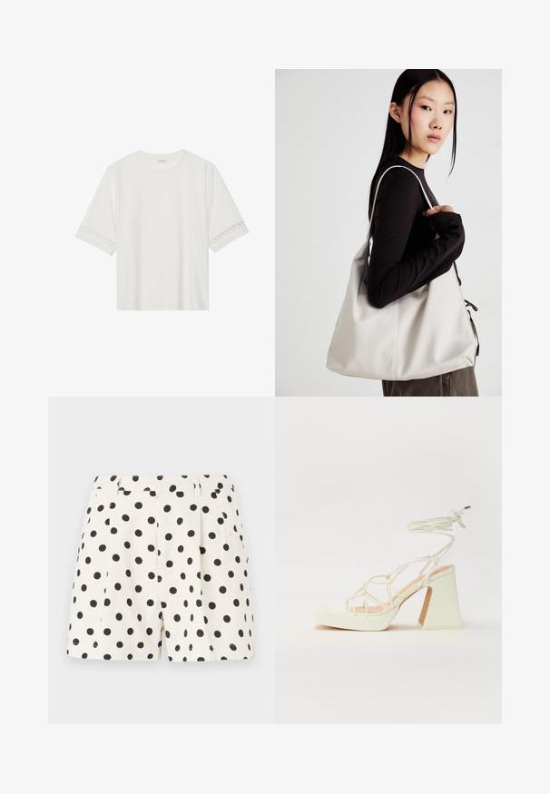 Weißes T-Shirt mit kurzen Ärmeln aus Baumwolle, mit dekorativem Spitzenbesatz entlang der Ärmel und einem runden Ausschnitt.; Weiße Shorts aus Leinen mit einem schwarzen Punktmuster. Mit Falten und Seitentaschen. Figurbetonter Bund mit sauberem Abschluss.; Weiße High-Heel-Sandale mit einem klobigen Absatz, die über ein Riemchendesign und ein Knöchelband verfügt. Glatte Textur mit einer Plattform vorne für zusätzliche Höhe.; Beige Handtasche aus weichem Material, mit einem lässigen Design, gesteppten Details und zwei Schulterriemen. Geeignet für den täglichen Gebrauch.