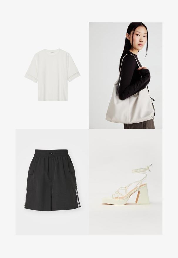 Λευκό κοντομάνικο μπλουζάκι φτιαγμένο από βαμβάκι, με διακοσμητική δαντέλα κατά μήκος των μανικιών και στρογγυλή λαιμόκοψη.; Μαύρες cargo βερμούδες από ελαφρύ υλικό, με ελαστική μέση, κλείσιμο με κορδόνι, πλαϊνές τσέπες και λευκές ρίγες στα πλάγια.; Λευκό πέδιλο με ψηλό τακούνι και χοντρή φτέρνα, διαθέτει σχέδιο με λουριά και λουράκι στον αστράγαλο. Λείο υλικό με μπροστινό πλατφόρμα για επιπλέον ύψος.; Μπεζ τσάντα χειρός από μαλακό υλικό, με χαλαρή σχεδίαση, ραφές και δύο λουράκια ώμου. Κατάλληλη για καθημερινή χρήση.