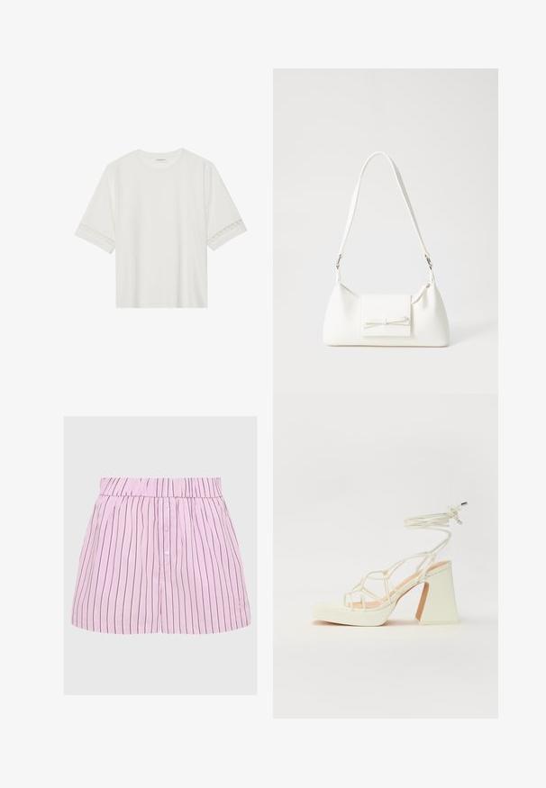 Hvit t-skjorte med kort erme laget av bomull, med dekorativ blondekant langs ermene og en rund halslinning.; Rosa stripete shorts med elastisk midje, knappelukking og vertikale marineblå striper, med detaljert logo på falden.; Hvit høyhælte sandal med kraftig hæl, med en stroppe-design og ankelbånd. Glatt tekstur med plattform foran for ekstra høyde.; Hvit syntetisk håndveske med trekantet form, flat klaff foran og sløyfe detaljer, justerbar stropp, glatt tekstur og minimalistisk design.
