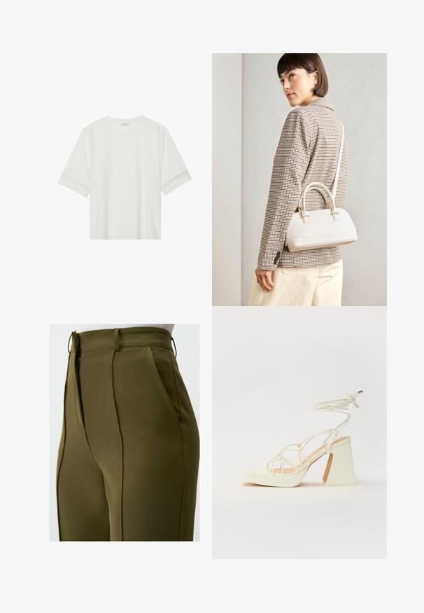 T-shirt bianco a maniche corte in cotone, con bordi in pizzo decorativi lungo le maniche e scollo rotondo.; Pantaloni su misura verde oliva con una texture liscia, cuciture verticali, tasche laterali e chiusura con zip in vita.; Sandalo bianco con tacco alto, caratterizzato da un design a cinturini e un legaccio alla caviglia. Texture liscia con una piattaforma frontale per un'altezza aggiuntiva.; Borsa a mano bianca strutturata con manici corti e tracolla, dotata di dettagli in metallo dorato e materiale testurizzato, esposta su uno sfondo grigio.