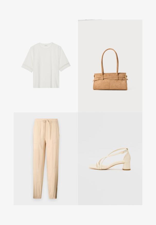 Fehér, rövid ujjas póló, pamutból készült, díszes csipkés szegéllyel az ujjak mentén és kerek nyakkivágással.; Beige, könnyű nadrág, elasztikus derékkal, állítható húzózsinórral, szűkülő szabással és oldalsó zsebekkel; sima textúrával és minimális varrással.; Krémszínű, blokk sarkú szandálok, pántos kialakítással és állítható bokapánttal, sima szintetikus anyagból, matt felülettel.; Barna nubuk bőr kézitáska, két hosszú fogantyúval, téglalap alakú, és díszítő varrással. Oldalszíja és diszkrét arany fém kiegészítők találhatók rajta.