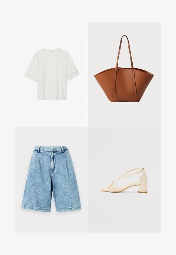 Hvit t-skjorte med kort erme laget av bomull, med dekorativ blondekant langs ermene og en rund halslinning.; Lyseblå denimshorts med en avslappet passform, som har glidelås foran, beltehemper og en subtil falmet tekstur. Oppbrettede kanter fullfører designet.; Beige hæl-sandaler med blokhæl, rem-design og justerbar ankelrem, lavet af glat syntetisk materiale med mat finish.; Brun skinn totebag med en bred, strukturert form, tynne håndtak og en teksturert overflate. Har et minimalistisk design uten synlige detaljer.