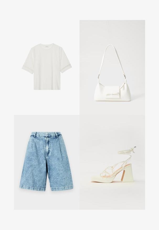 Tricou alb cu mânecă scurtă, confecționat din bumbac, cu dantelă decorativă pe marginea mânecilor și un guler rotund.; Shorts din denim albastru deschis cu o croială relaxată, având un fermoar frontal, bucle pentru curea și o textură ușor decolorată. Marginile tivite completează designul.; Sandale albe cu toc înalt și gros, cu un design cu curele și legătură la gleznă. Textură netedă, cu o platformă frontală pentru înălțime suplimentară.; Geantă sintetică albă, cu formă triangulară, capac frontal plat și detaliu cu fundă, curea ajustabilă, textură netedă și design minimalist.