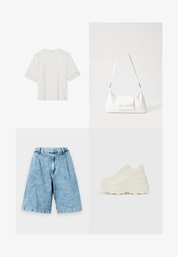 Hvid kortærmet t-shirt lavet af bomuld, med dekorativ blondekant langs ærmerne og en rund halsudskæring.; Lys blå denimshorts med en afslappet pasform, der har en frontlynlås, bæltestropper og en subtil falmet tekstur. Afsluttede kanter fuldender designet.; Hvide platform sneakers med en glat læderlignende overdel, rund form, polstret krave og struktureret gummisål med definerede riller.; Hvid syntetisk håndtaske med en trekantet form, flad forsideklap og sløjfedetalje, justerbar strop, glat tekstur og minimalistisk design.