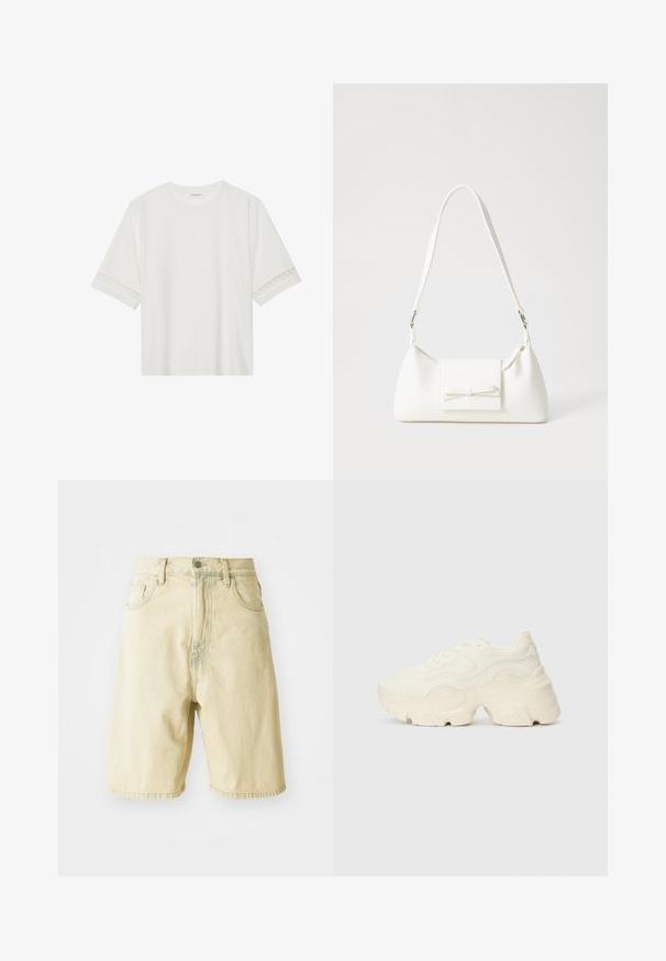 T-shirt branco de manga curta feito de algodão, com bainha de renda decorativa nas mangas e decote redondo.; Calções de ganga amarelos claros com cintura alta, apresentando passantes para cinto, fecho de botão frontal e bolsos laterais. Textura suave e corte reto.; Sapatilhas brancas chunky feitas de malha texturizada e materiais sintéticos, apresentando uma sola espessa e detalhes de padrão intrincados ao longo dos lados.; Mala sintética branca com formato triangular, aba frontal plana e detalhe de laço, alça ajustável, textura suave e design minimalista.