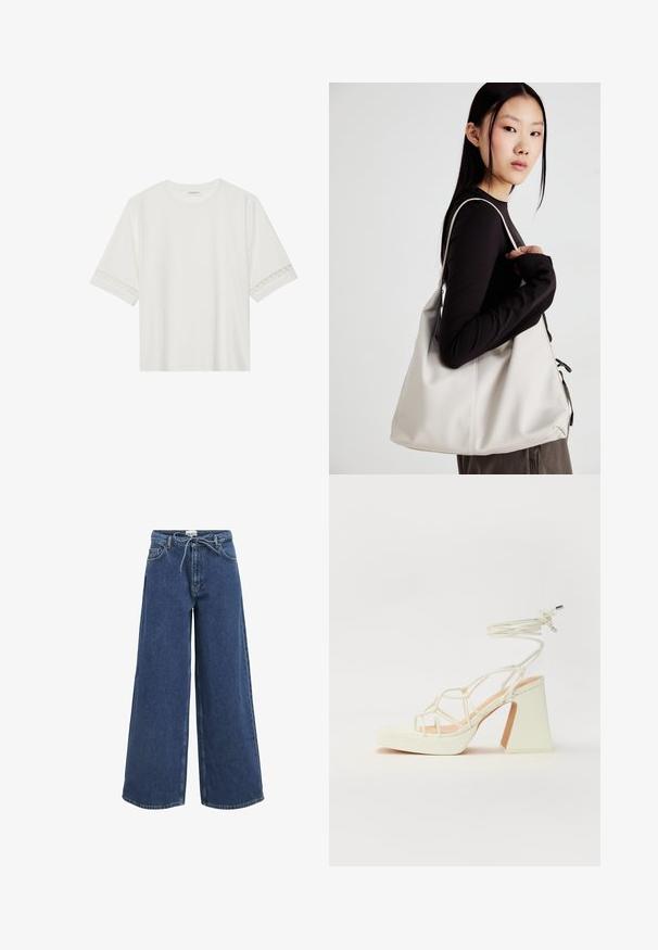 Bela kratka majica s kratkimi rokavi iz bombaža, okrašena z dekorativnim čipkastim robom ob rokavih in okroglo izrezom.; Široke denimske hlače temno modre barve, z zategovanjem na vrvico, sprednjimi žepi in gladko teksturo. Preprosto šivanje na robovih.; Bela sandala na visokih petah s debelim petam, ki ima obliko trakcev in vezanje okoli gležnja. Gladka tekstura z platformo spredaj za dodatno višino.; Bežna torbica iz mehkega materiala, z ohlapno zasnovo, šivi in dvema naramnicama. Primerna za vsakodnevno uporabo.