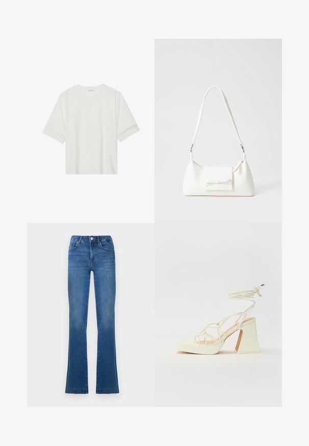 Biała, krótka koszulka z bawełny z dekoracyjnym koronkowym wykończeniem przy rękawach i okrągłym dekoltem.; Niebieskie dżinsy w fasonie dzwonów, wykonane z denimu, z klasycznym pięciopocketowym designem, z zapięciem na guzik z przodu oraz lekko wyblakłymi miejscami na udach.; Biała sandał na wysokim obcasie z masywnym słupkiem, z paskowym wzorem i wiązaniem przy kostce. Gładka faktura z platformą z przodu dla dodatkowej wysokości.; Biała syntetyczna torba o trójkątnym kształcie, płaskim przednim klapce i detalach w postaci kokardy, regulowanym pasku, gładkiej fakturze oraz minimalistycznym designie.