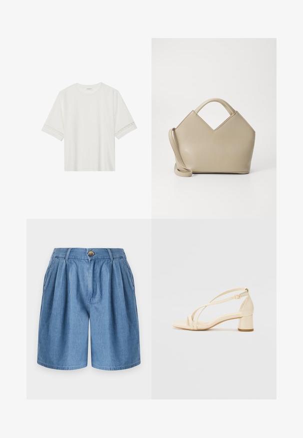 Balta trumpomis rankovėmis marškinėliai, pagaminti iš medvilnės, su dekoratyviais nėriniais aplink rankoves ir apvaliu kaklu.; Mėlyni džinsiniai šortai su laisvu pjūviu, turintys mygtuką užsegimui, plisuotą priekį ir šonines kišenes, užbaigti tiesiu kraštu.; Bežiniai aukštakulniai sandalai su bloko kulnu, juostelių dizainu ir reguliuojama kulkšnies juostele, pagaminti iš lygaus sintetinės medžiagos su matinio paviršiaus apdaila.; Šviesiai ruda struktūruota rankinė su V formos viršumi, lygaus odos paviršiaus, trumpomis rankenomis ir ilgu reguliuojamu dirželiu. Minimalistinis dizainas.