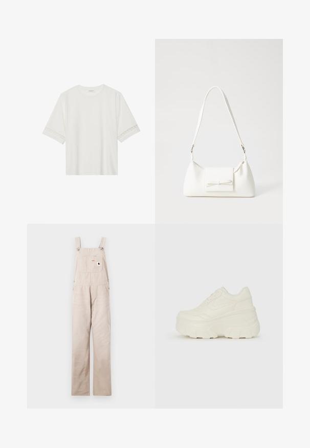 Bjela majica kratkih rukava od pamuka, s dekorativnom čipkastom obrubom duž rukava i okruglim izrezom.; Bež traperice na bretele s podesivim trakama, prednjim džepom i oznakom s logotipom. Ravne nogavice, glatka tekstura i bez ukrasa.; Bijele platformske tenisice s glatkim gornjim dijelom koji nalikuje koži, zaobljenim oblikom, podstavljenim okvirom i teksturiranim gumeni potplat s definiranom profilacijom.; Bijela sintetička torbica s trokutastim oblikom, ravnim prednjim poklopcem i detaljem u obliku mašne, podesivom remenom, glatkom teksturom i minimalističkim dizajnom.