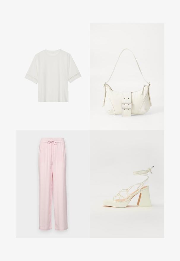 Fehér, rövid ujjas póló, pamutból készült, díszes csipkés szegéllyel az ujjak mentén és kerek nyakkivágással.; Világos rózsaszín, könnyű anyagú nadrág, laza szabással, gumis derékkal és zsinórral. Sima textúra, egyenes lábak, látható minták nélkül.; Fehér, magassarkú szandál vastag sarokkal, pántos dizájnnal és bokapánttal. Sima textúra, elülső platformmal a megnövelt magasság érdekében.; Fehér válltáska texturált felülettel, középen csattogó részlettel és íves formával. Cipzáras záródás mindkét oldalon.