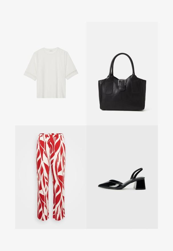 Balta trumpomis rankovėmis marškinėliai, pagaminti iš medvilnės, su dekoratyviais nėriniais aplink rankoves ir apvaliu kaklu.; Raudoni ir balti raštuoti kelnės su lapų dizainu, plačių kojų, su elastinga juosta ir lengvu audiniu.; Juodos lakuotos odinės šlepetės su smailiu pirštu ir geometriniu bloko kulnu. Turi elegantišką, minimalistinį dizainą ir lygų paviršių.; Juodas odinis nešiojamas krepšys su lygiu paviršiumi, struktūrine forma, dviem rankenėlėmis ir ryškiu sidabriniu sagties akcentu priekyje.