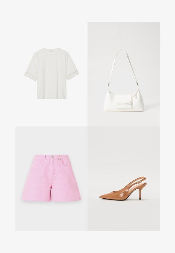 White short-sleeve t-shirt made from cotton, featuring decorative lace trim along the sleeves and a round neckline.; Pink and white striped shorts with a button and zipper closure, featuring front pockets and a relaxed fit. Cotton fabric, smooth texture.; Pointed toe slingback heel in a smooth, glossy tan material. Features a curved cutout design and a slender stiletto heel. Silver buckle detail.; White synthetic handbag with a triangular shape, flat front flap and bow detail, adjustable strap, smooth texture, and minimalistic design.