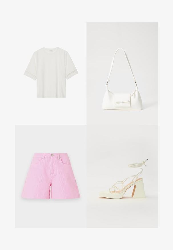 Valge lühikese varrukaga T-särk, mis on valmistatud puuvillast, kaunistatud pitsiga varrukate ääres ja ümmarguse kaelusega.; Roosa ja valge triibuline lühike püks, millel on nupuga ja tõmbluku sulgemine, ees taskud ja lõdvestatud istuvus. Puuvillane kangas, sile tekstuur.; Valged kõrge kontsaga sandaalid, millel on paks konts ja rihmadega disain koos pahkluu sidumisega. Sile tekstuur ja platvorm ees, et lisada kõrgust.; Valge sünteetilisest materjalist kott kolmnurkse kujuga, lame esiklapiga ja kaaredetailiga, reguleeritava rihmaga, sileda tekstuuriga ja minimalistliku disainiga.