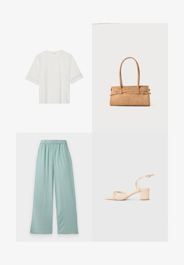 Witte korte mouwen t-shirt van katoen, met een decoratieve kantafwerking langs de mouwen en een ronde halslijn.; Lichtgroene, wijde broek gemaakt van zachte stof, met een elastische tailleband en subtiele textuur, ontworpen voor comfort en bewegingsvrijheid.; Beige sandaal met hakken, met een vierkante neus, gedraaide voorkant, enkelband en blokhak. Gladde textuur, minimalistische stijl.; Tan suède handtas met twee lange hengsels, rechthoekige vorm en decoratieve stiksels. Beschikt over een zijriem en subtiele gouden hardware accenten.