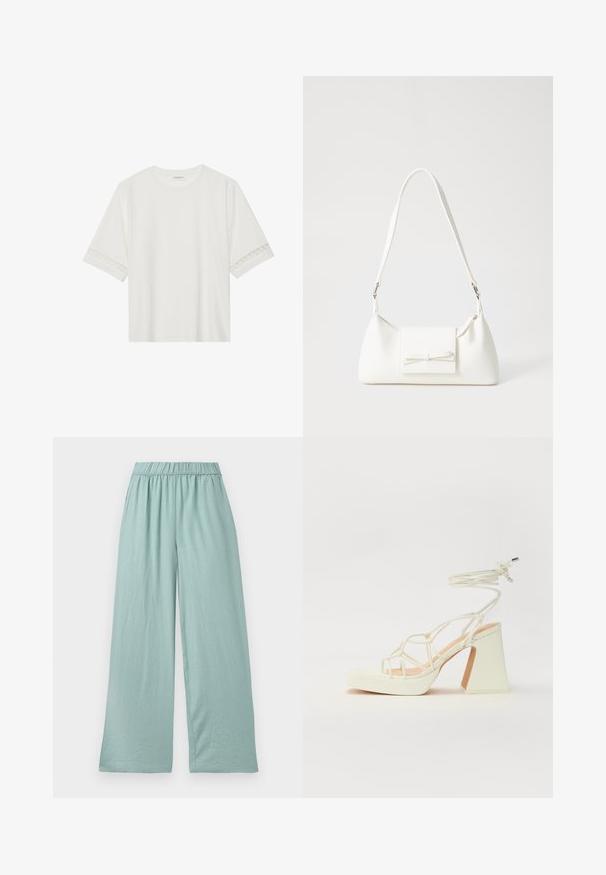 Fehér, rövid ujjas póló, pamutból készült, díszes csipkés szegéllyel az ujjak mentén és kerek nyakkivágással.; Világoszöld, bő szabású nadrág, puha anyagból, elasztikus derékpánttal és finom textúrával, a kényelem és a szabad mozgás érdekében tervezve.; Fehér, magassarkú szandál vastag sarokkal, pántos dizájnnal és bokapánttal. Sima textúra, elülső platformmal a megnövelt magasság érdekében.; Fehér szintetikus kézitáska, háromszög alakú, lapos előlap, masni részlettel, állítható pánttal, sima textúrával és minimalista dizájnnal.