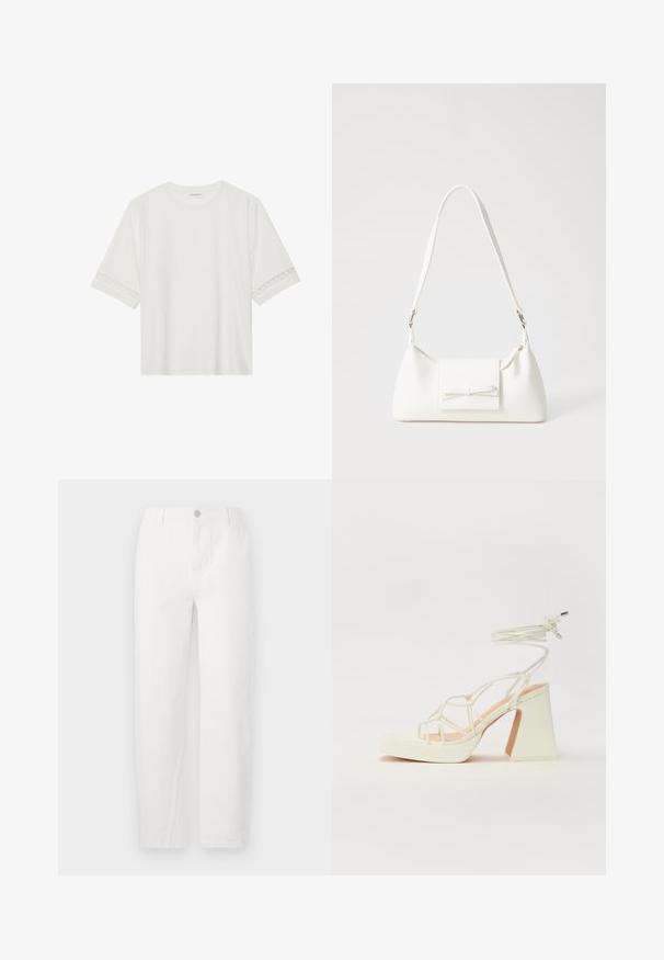 T-shirt blanc à manches courtes en coton, avec des bordures en dentelle décoratives le long des manches et un col rond.; Jeans droits blancs en denim, dotés d'une fermeture à bouton, de deux poches avant et de coutures propres. Design simple sans motifs visibles.; Sandale blanche à talons hauts avec un talon épais, présentant un design à lanières et un lien autour de la cheville. Texture lisse avec une plateforme à l'avant pour une hauteur supplémentaire.; Sac à main synthétique blanc en forme triangulaire, avec un rabat avant plat et un détail en nœud, une bandoulière ajustable, une texture lisse et un design minimaliste.