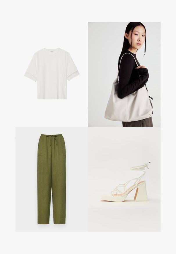 White short-sleeve t-shirt made from cotton, featuring decorative lace trim along the sleeves and a round neckline.; Olive green, loose-fitting trousers made of textured fabric, featuring an elastic waistband with drawstring, and two side pockets.; White high-heeled sandal with a chunky heel, featuring a strappy design and ankle tie. Smooth texture with a platform front for added height.; Beige handbag made of soft material, featuring a slouchy design, stitched detailing, and two shoulder straps. Suitable for everyday use.