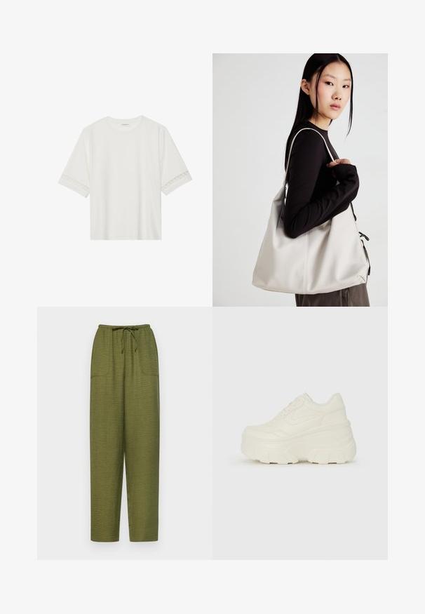 T-shirt branco de manga curta feito de algodão, com bainha de renda decorativa nas mangas e decote redondo.; Calças largas de cor verde-azeitona, feitas de tecido texturizado, com um cós elástico ajustável por cordão e dois bolsos laterais.; Tênis brancos de plataforma com um cabedal suave semelhante a couro, formato arredondado, colarinho acolchoado e sola de borracha texturizada com ranhuras bem definidas.; Uma bolsa bege feita de material macio, com um design descontraído, detalhes de costura e duas alças para o ombro. Adequada para uso diário.