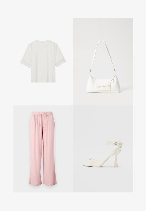 Tricou alb cu mânecă scurtă, confecționat din bumbac, cu dantelă decorativă pe marginea mânecilor și un guler rotund.; Pantaloni largi de culoare roz deschis, dintr-un material moale, având un cinturón elastic cu șnur. Designul are o croială lejeră și picioare drepte.; Sandalele cu toc înalt, cu bretele, din piele albă, cu un design elegant, toc transparent și un element decorativ la vârf.; Geantă sintetică albă, cu formă triangulară, capac frontal plat și detaliu cu fundă, curea ajustabilă, textură netedă și design minimalist.