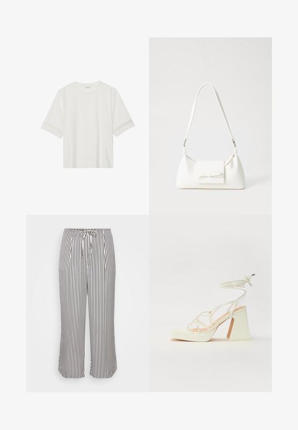 Witte korte mouwen t-shirt van katoen, met een decoratieve kantafwerking langs de mouwen en een ronde halslijn.; Korte broeken met een trekkoord in de taille, met verticale marineblauwe en witte strepen, weergegeven tegen een effen witte achtergrond.; Witte hoge hakken sandaal met een chunky hak, met een bandjesontwerp en enkelband. Gladde textuur met een plateau voor extra hoogte.; Witte synthetische handtas met een driehoekige vorm, platte voorklep en strikdetail, verstelbare schouderriem, gladde textuur en minimalistisch ontwerp.